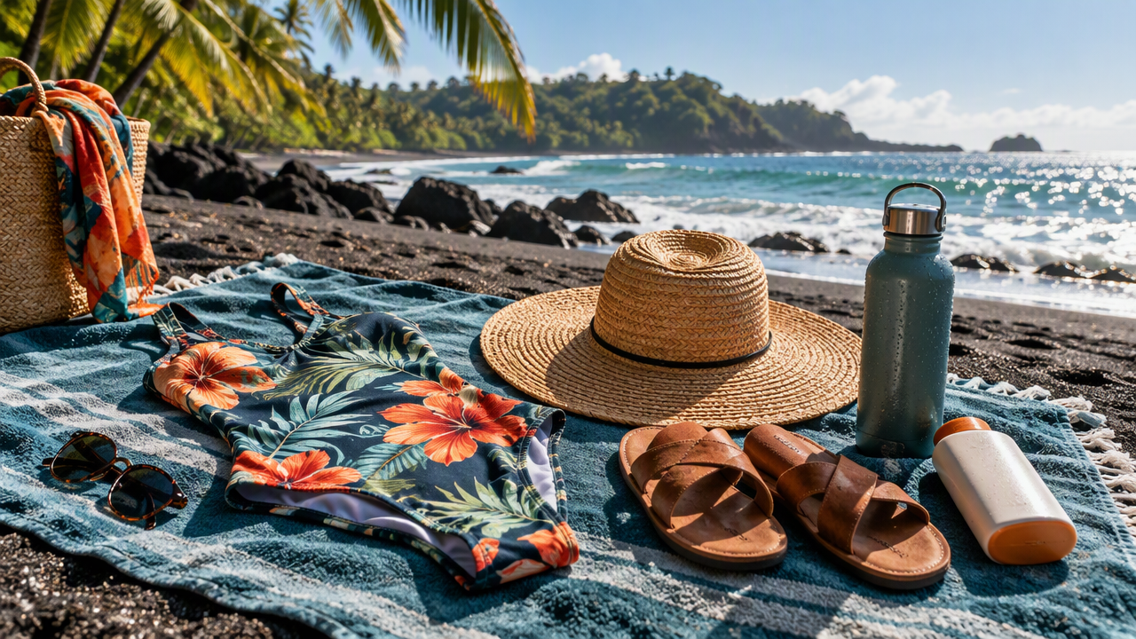 Beach bag essentials laid out on a towel