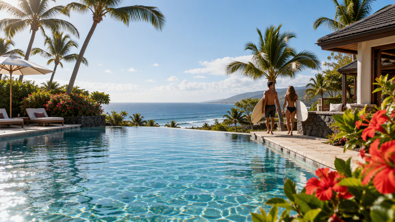 Vacationers with surfboards near a hotel pool