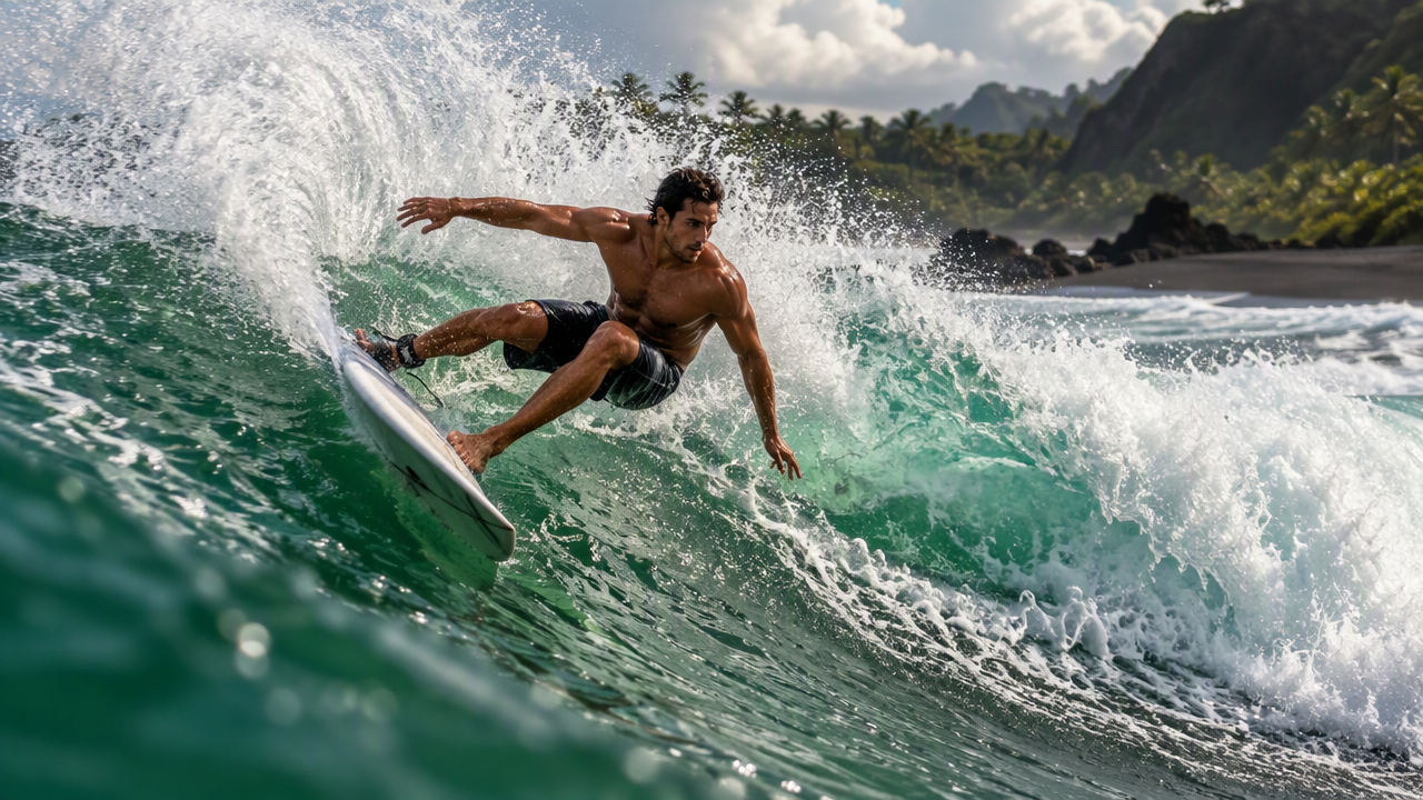Intermediate surfer riding across a green wave