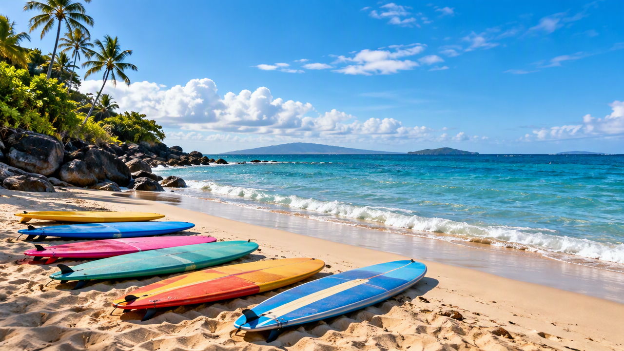 Soft-top surfboards of different sizes on a sunny beach