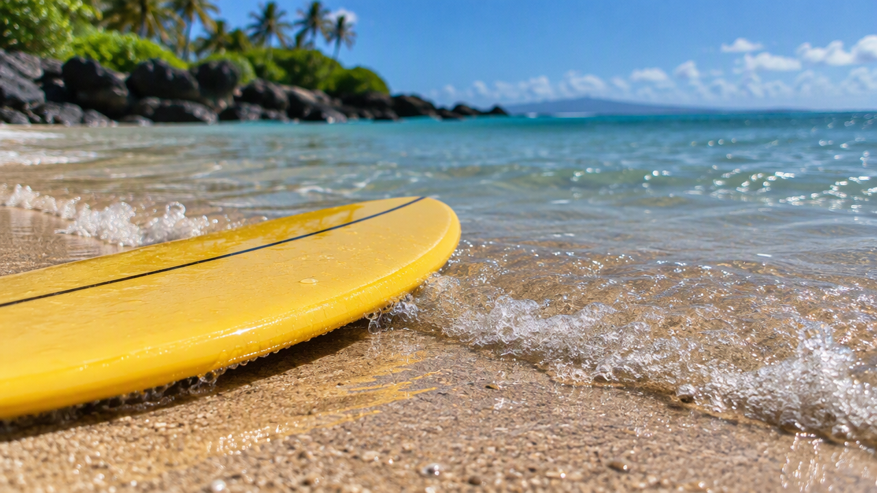 Small kids surfboard at the water's edge
