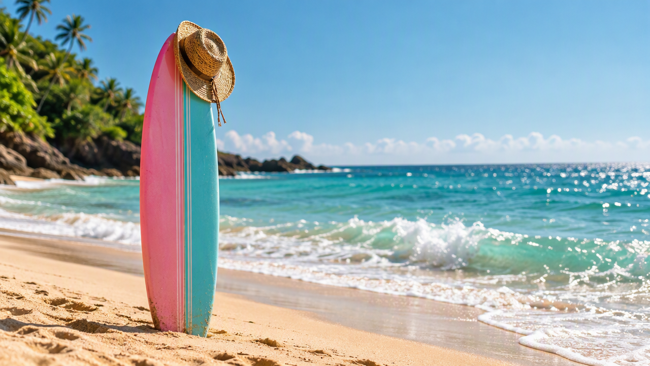 Longboard and sun hat on a sunny tropical beach