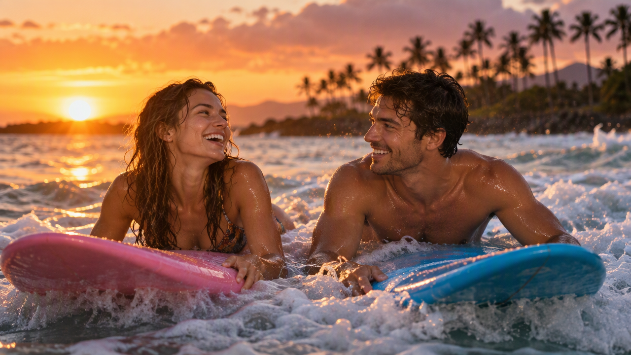 Couple laughing on surfboards at sunset