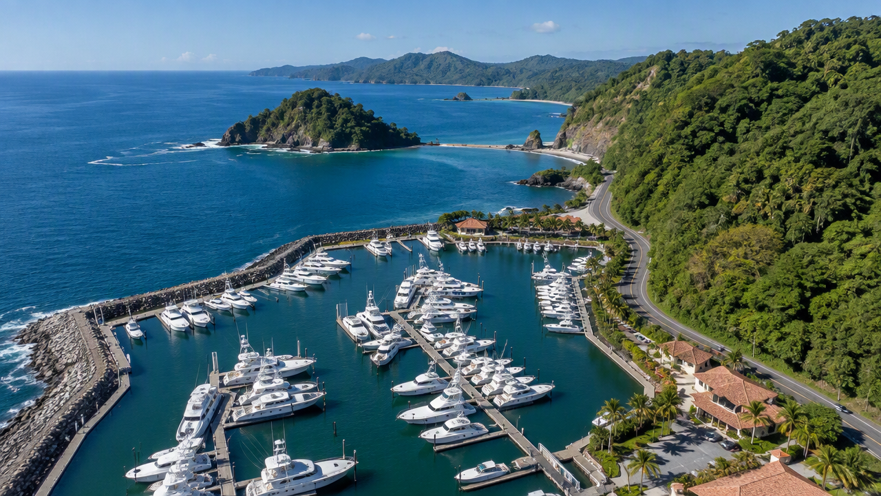 Los Sueños marina with green hills
