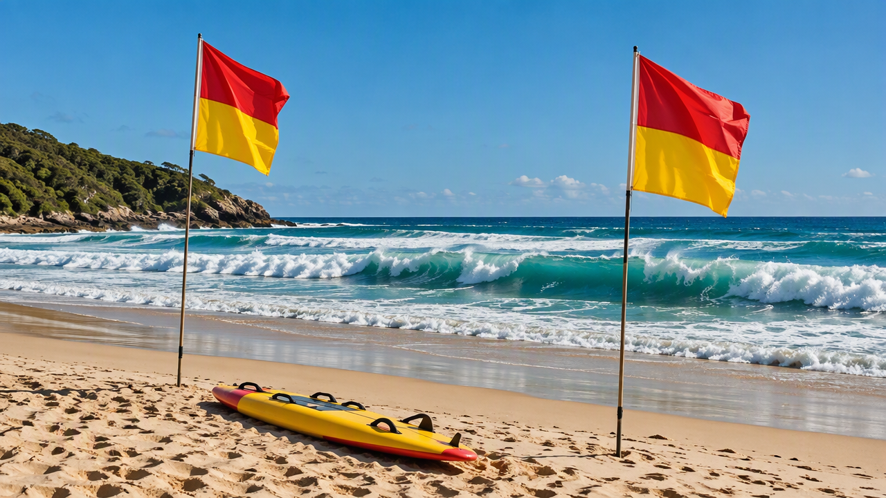Lifeguard flags and a surfboard on the beach