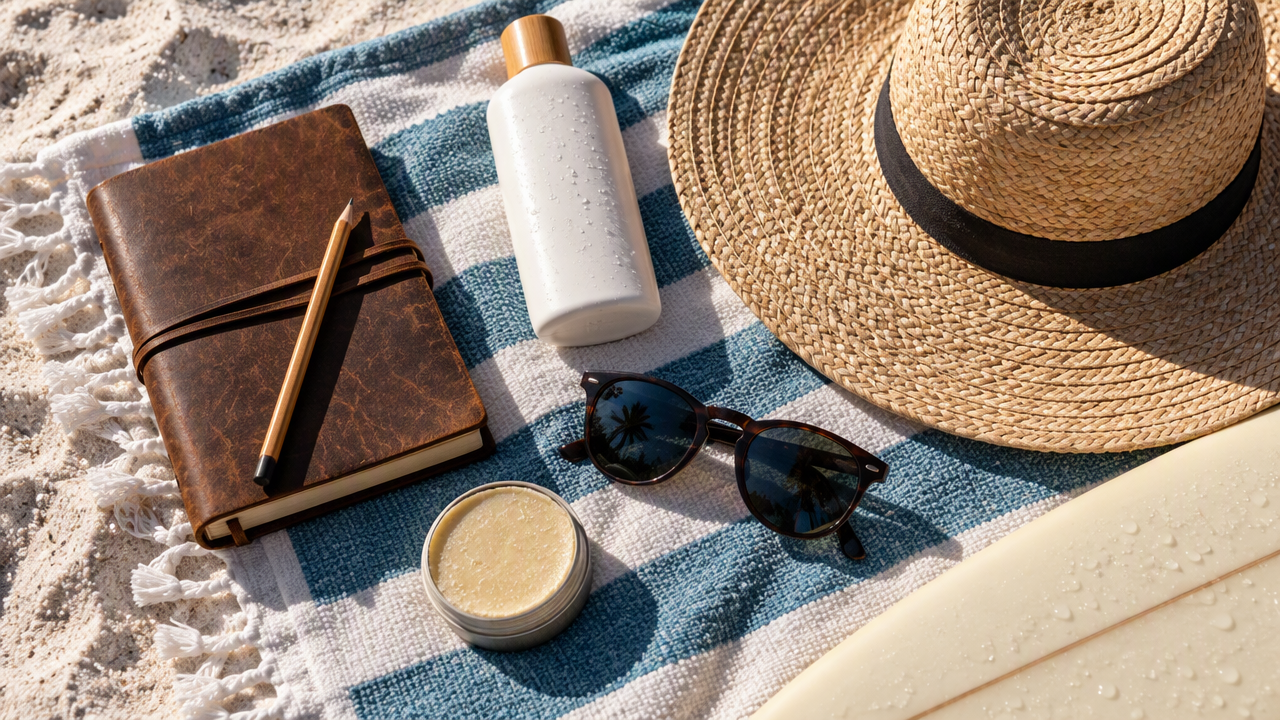 Beach flat lay with notebook and sunscreen