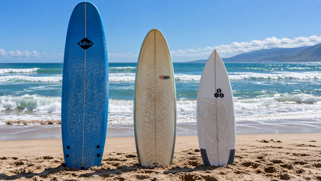 Surfers of different skill levels on one beach