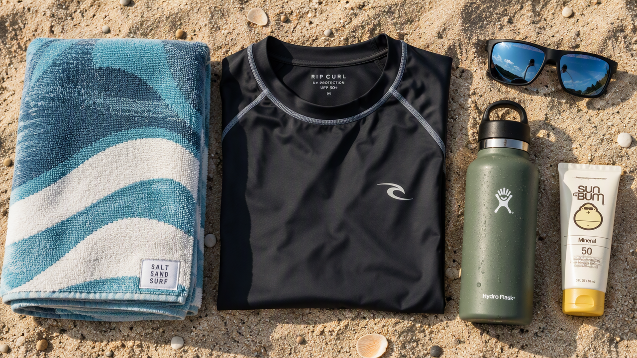 Blank checklist on the sand beside surf gear