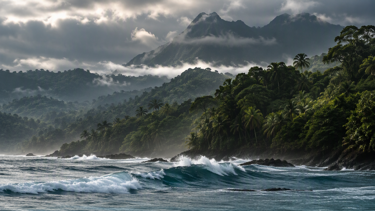 Powerful beach break with jungle behind
