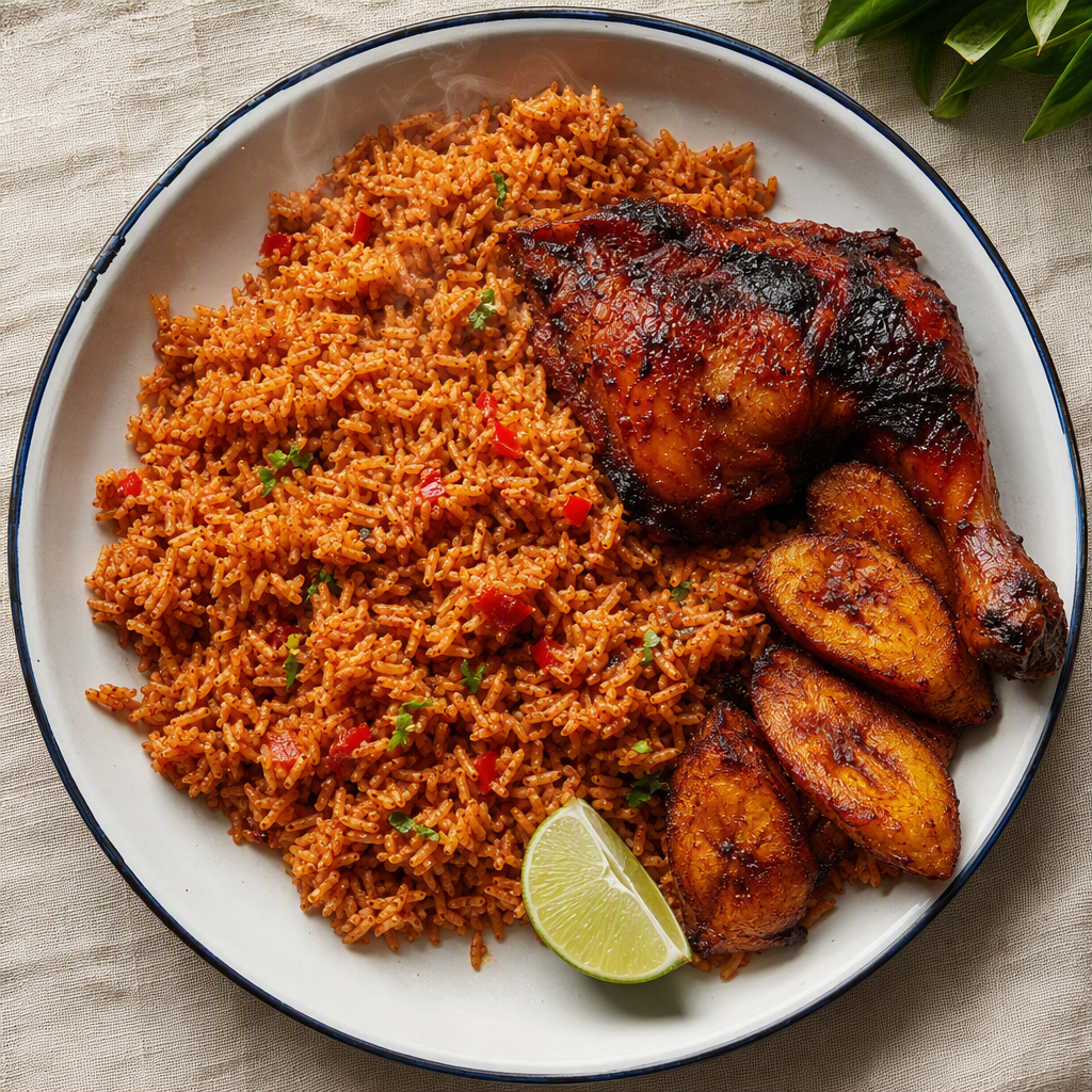 Smoky party jollof rice with grilled chicken and fried plantain on an enamel plate