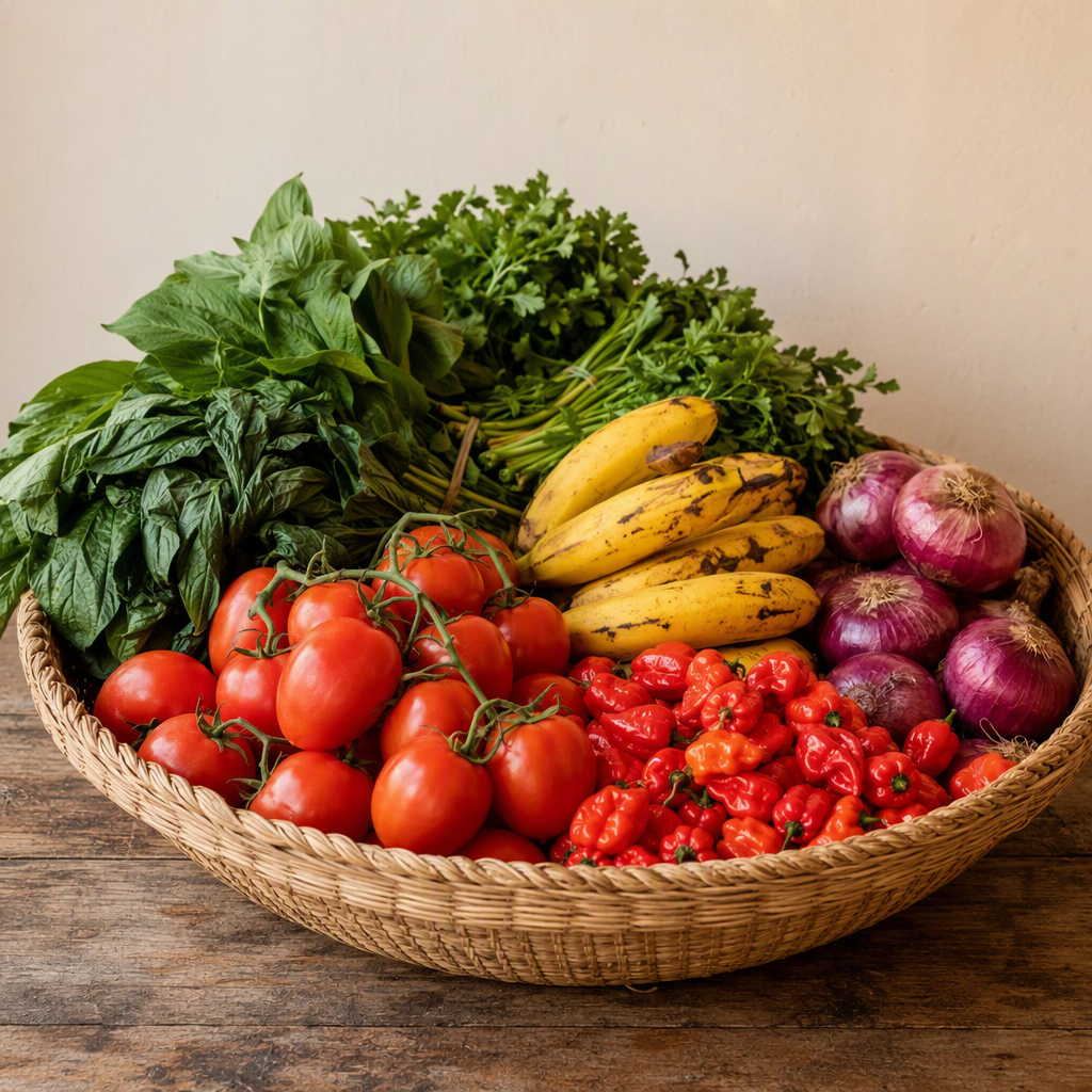 Woven market basket overflowing with tomatoes, peppers, plantains and leafy greens