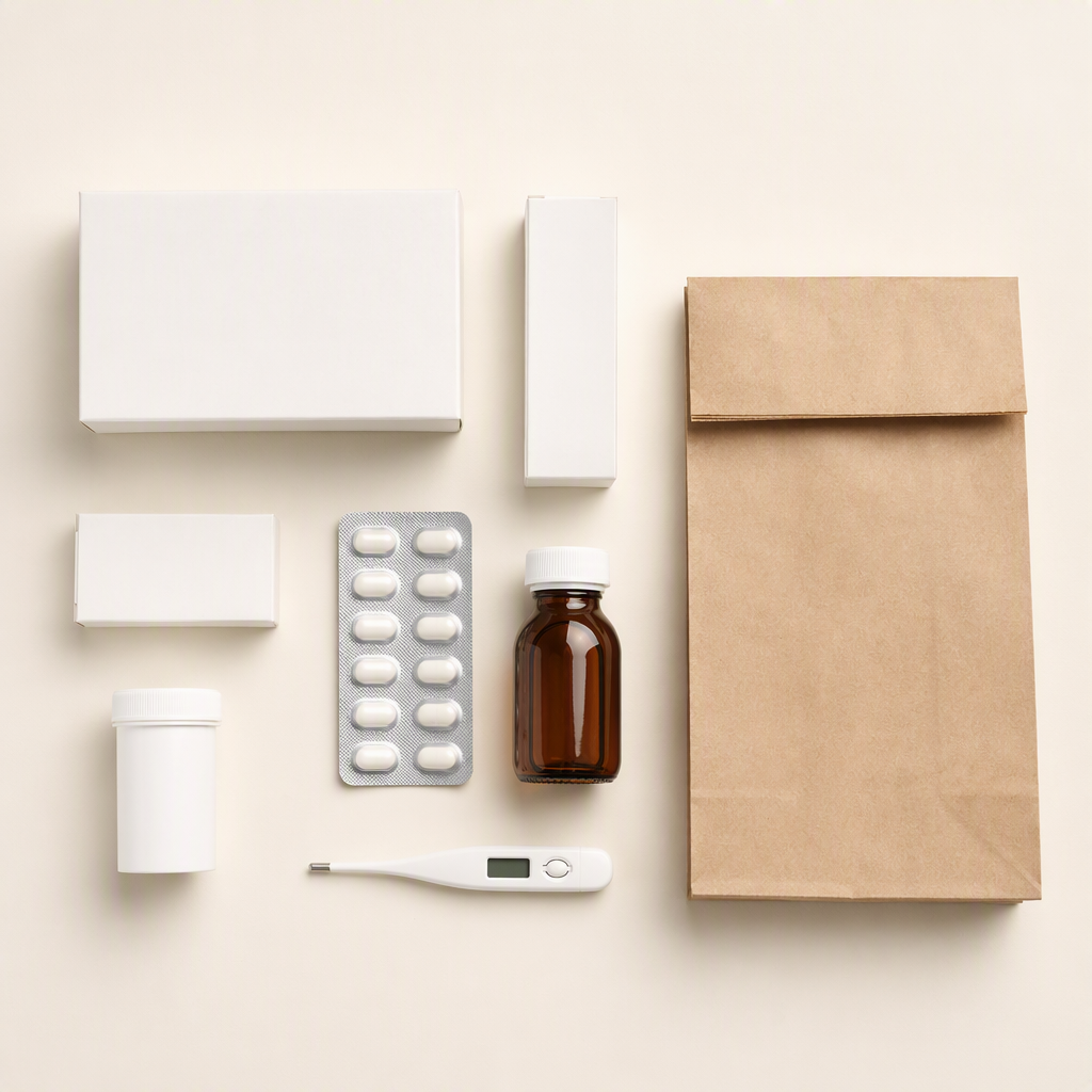 Flat lay of pharmacy essentials on a warm ivory surface