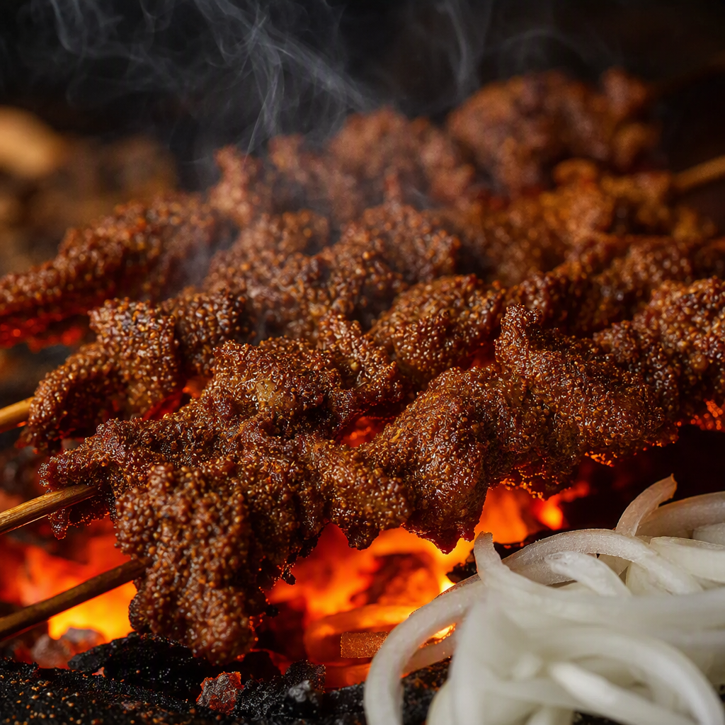 Spicy suya beef skewers grilling over glowing charcoal