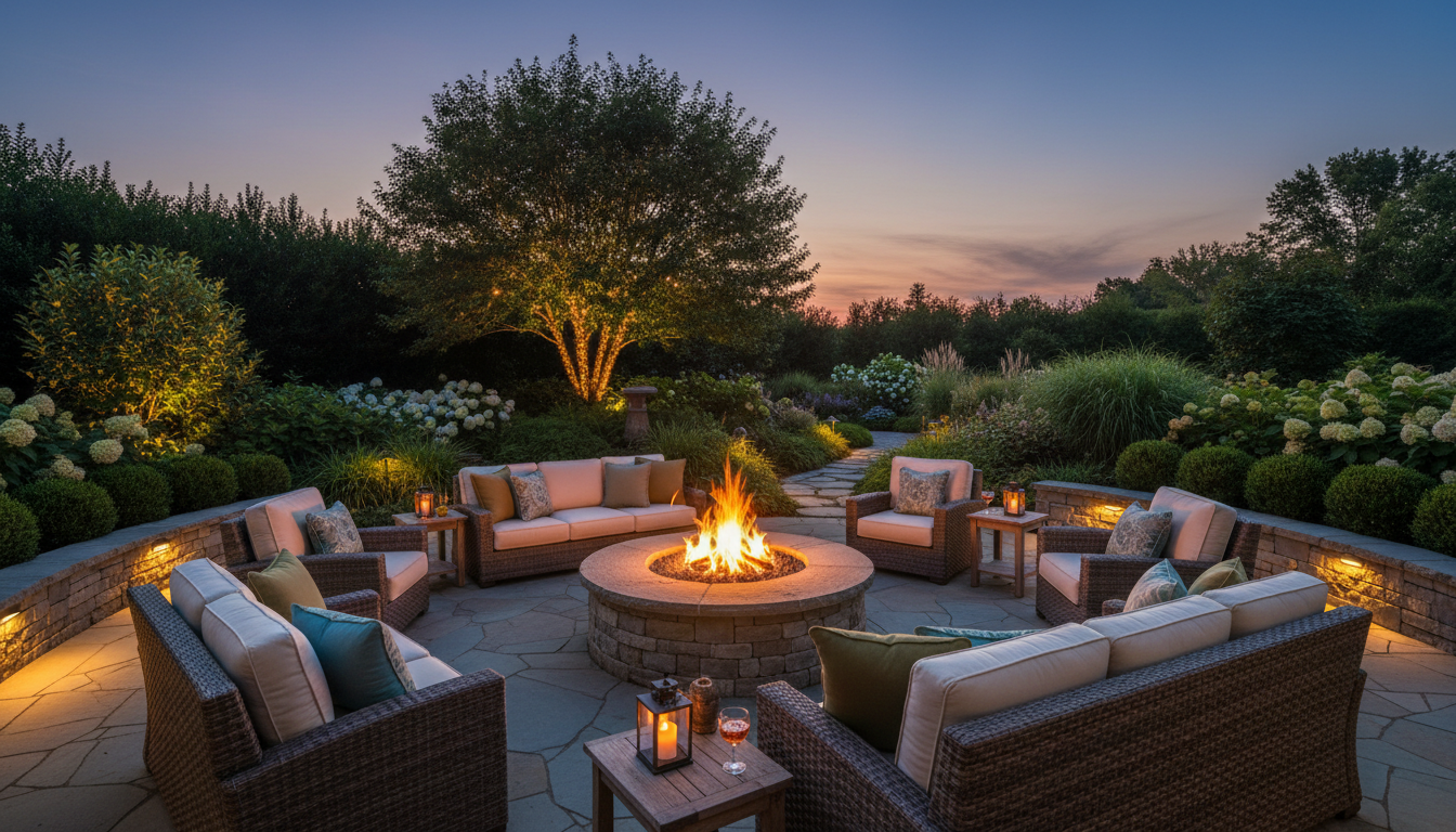 Custom patio with firepit and landscape lighting in Saskatoon