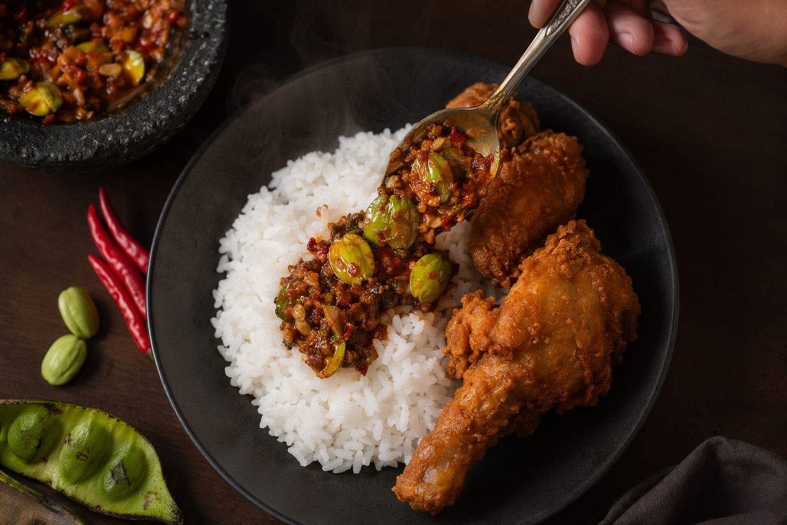 Nasi Ayam Goreng dengan Sambal Crunchy Petai