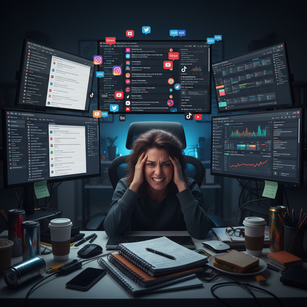 Overwhelmed creator managing multiple platforms