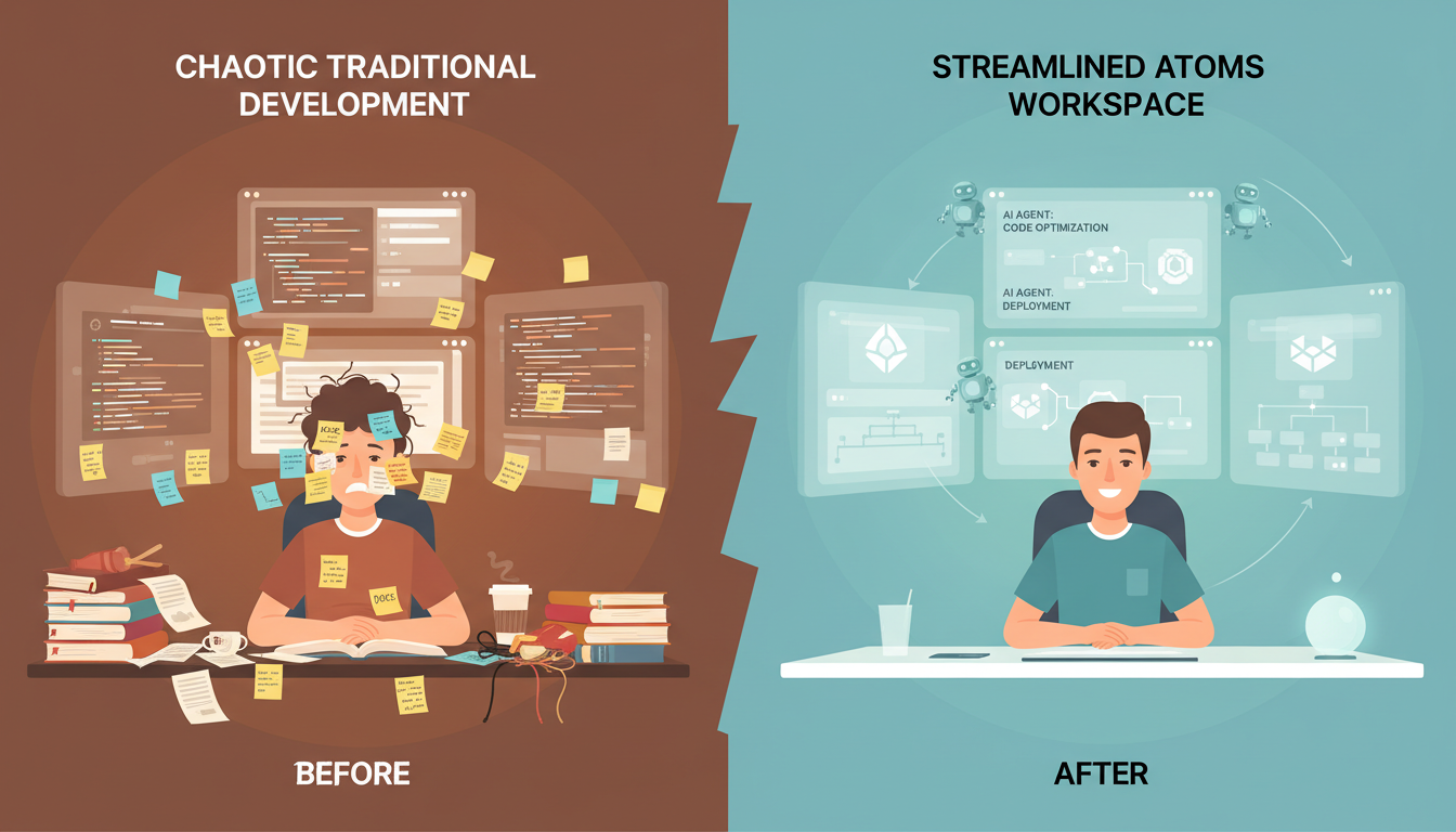 Traditional development chaos vs Atoms organized workflow