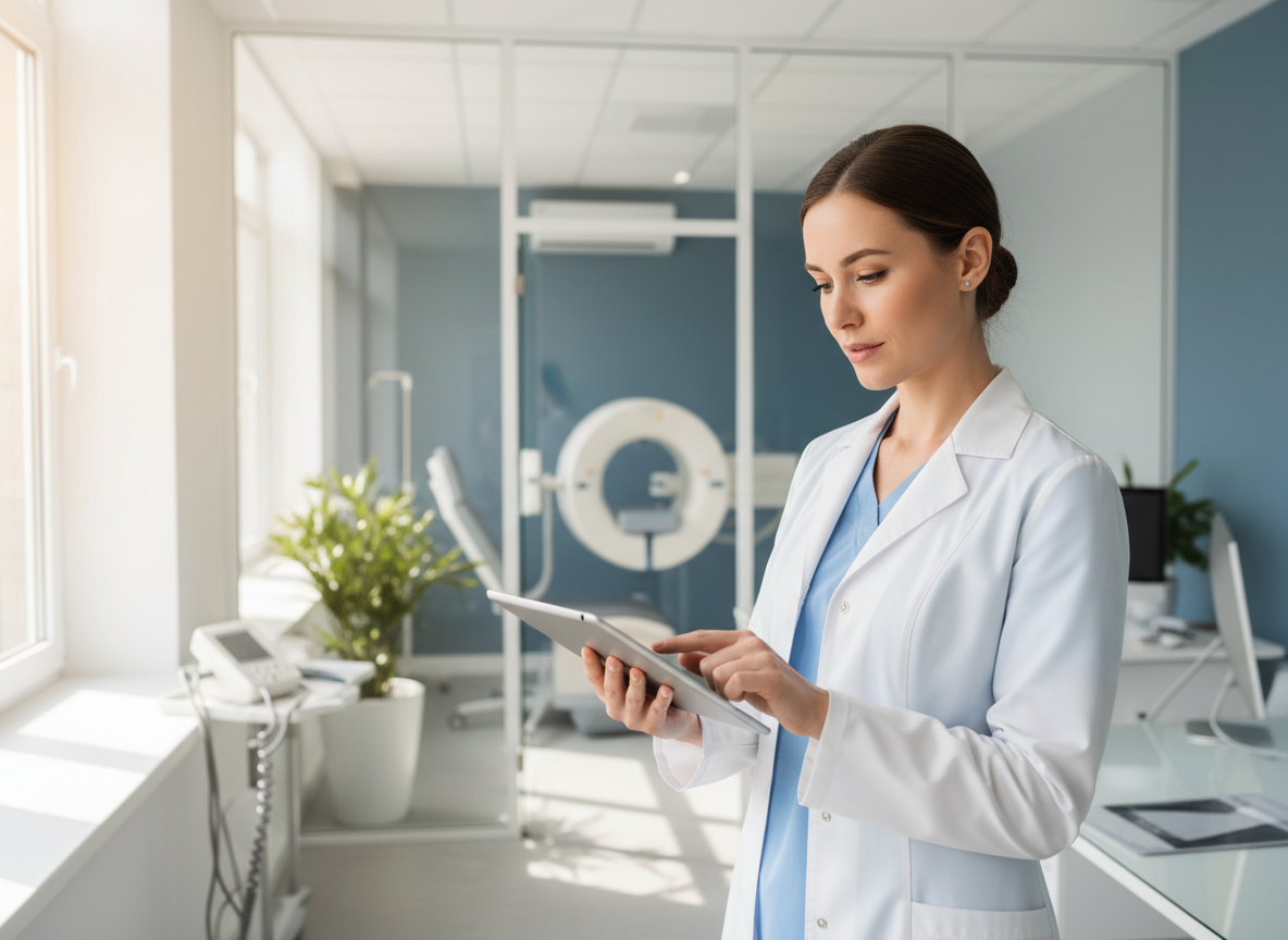 Doctora usando IA clínica en tablet