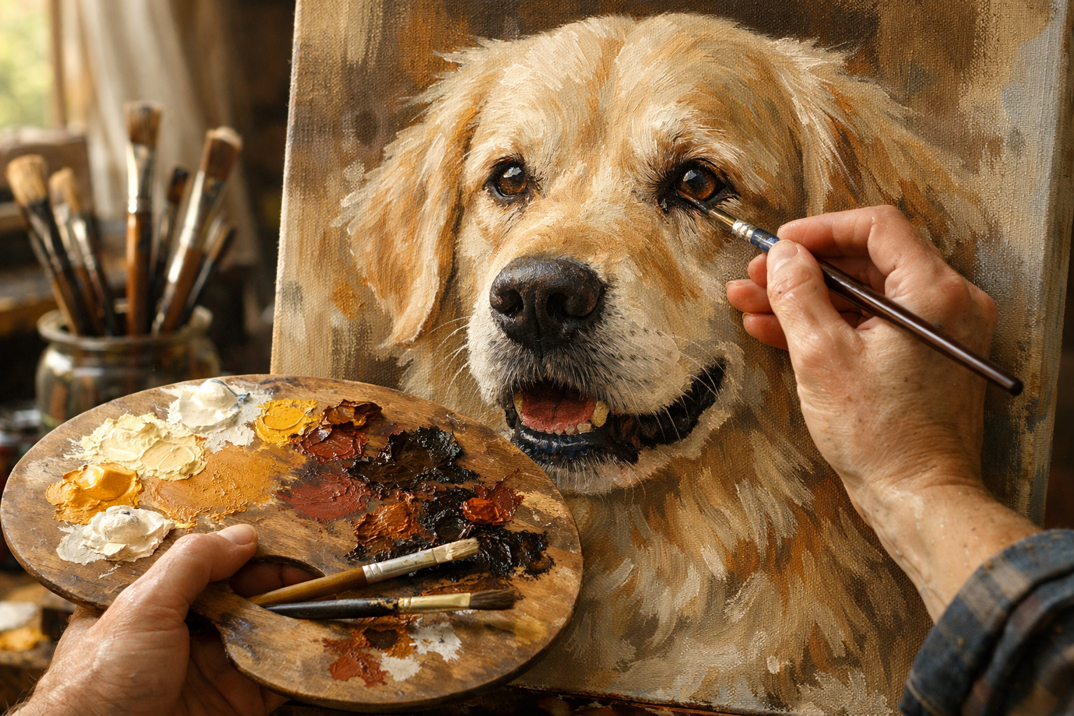 Close view of a real artist painting a custom pet portrait