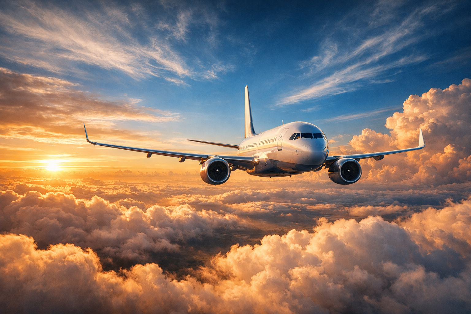 Airliner cruising above golden-hour clouds, representing international routes from Taiwan