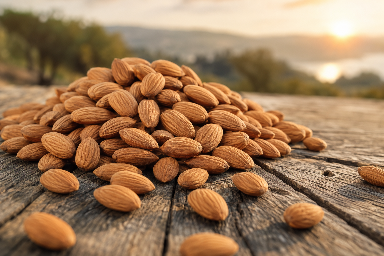 Amandes biologiques d'Espagne en vrac sur un plan de travail en bois — fournisseur grossiste
