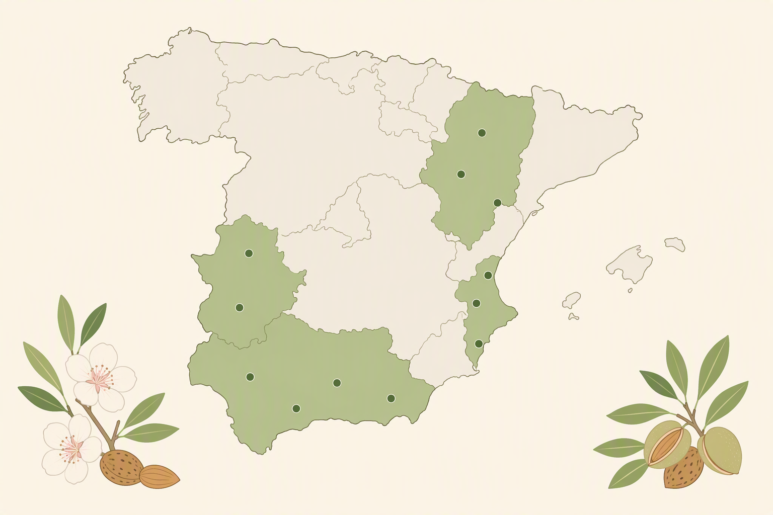 Carte des principaux bassins amandiers d'Espagne — Levante, Aragón, Andalousie, Extremadure
