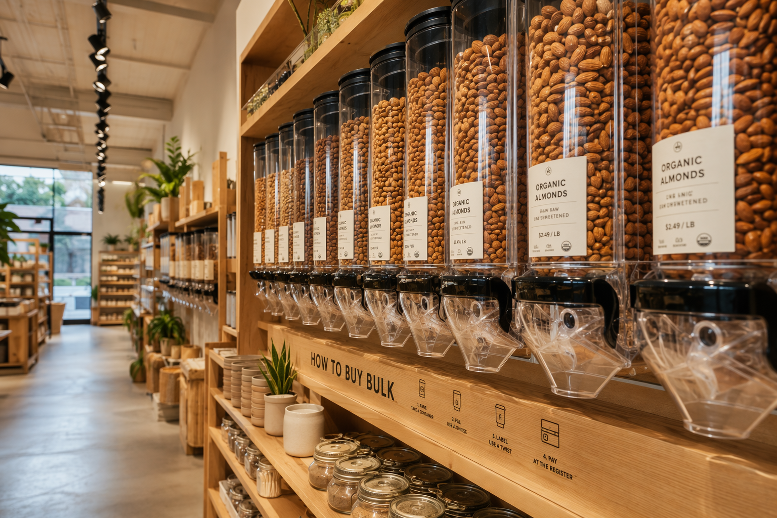 Présentoir d'amandes bio en vrac dans un magasin spécialisé — approvisionnement grossiste