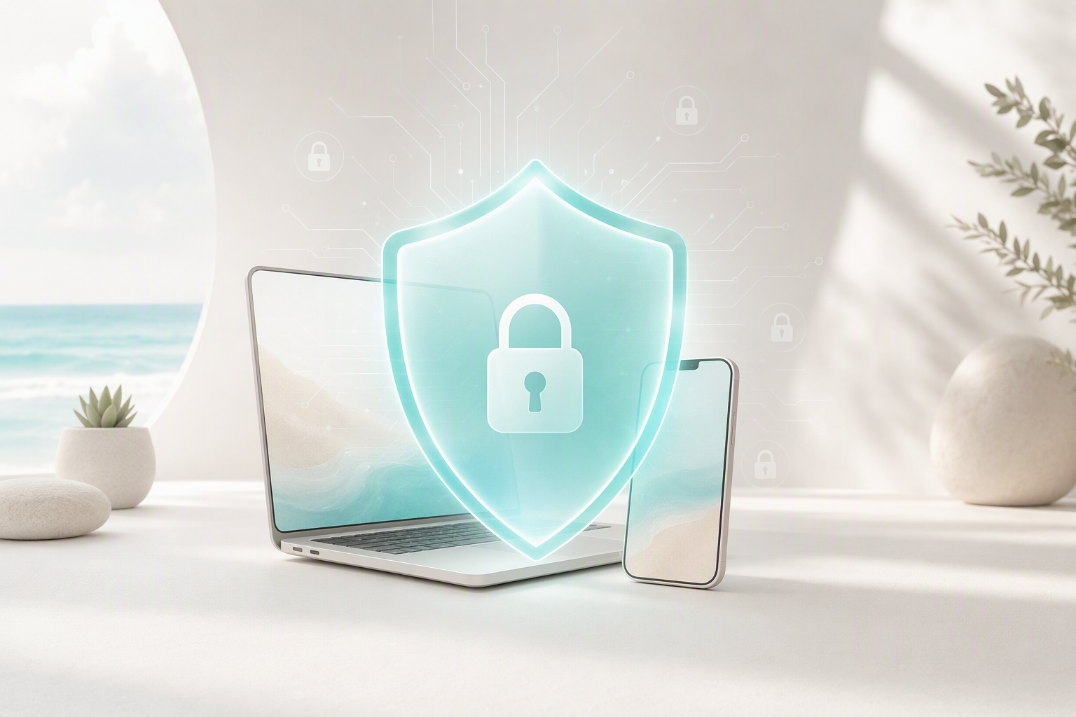 Shield protecting a laptop and a smartphone, illustrating layered antivirus and cybersecurity protection