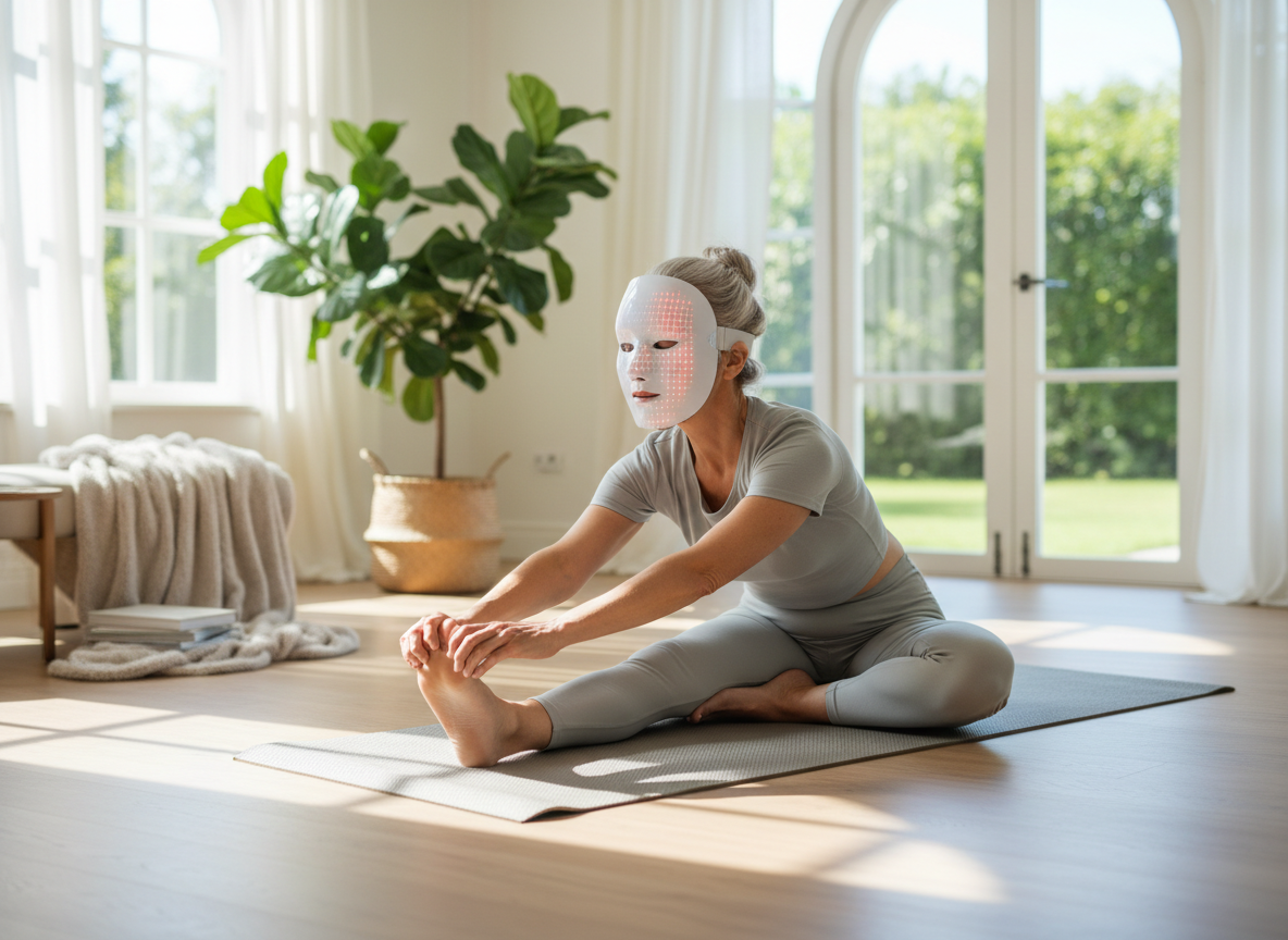 Mujer haciendo estiramientos con máscara NiceF