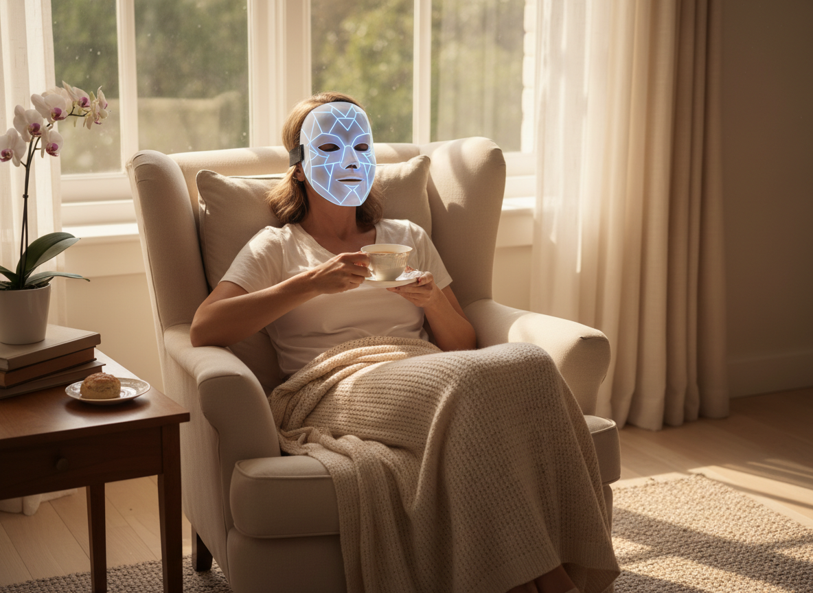 Mujer relajándose con té y máscara NiceF