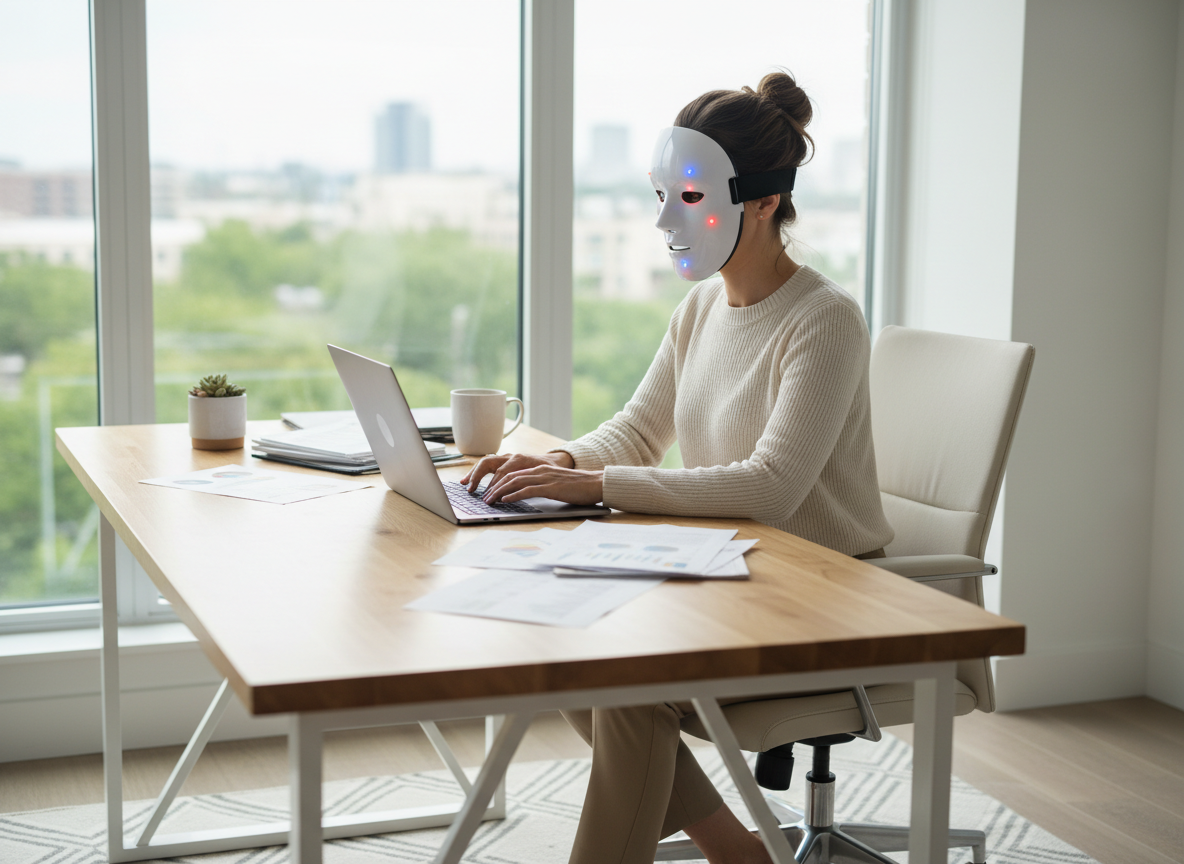 Mujer trabajando con máscara NiceF
