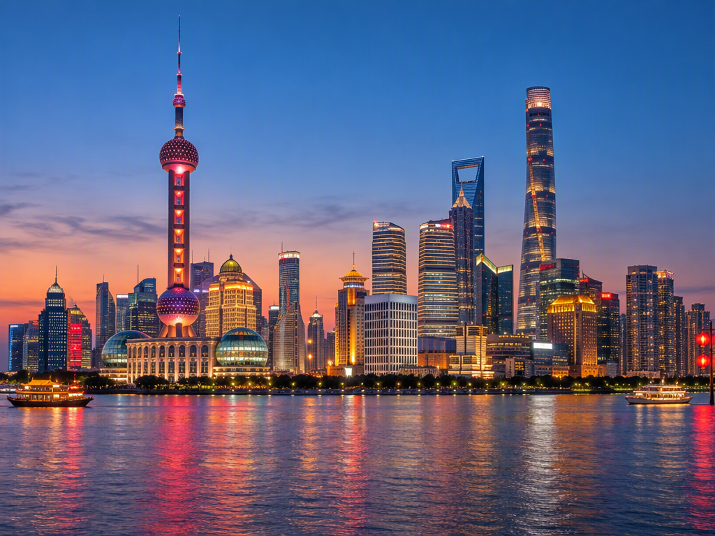 Shanghai skyline across the Huangpu River at dusk