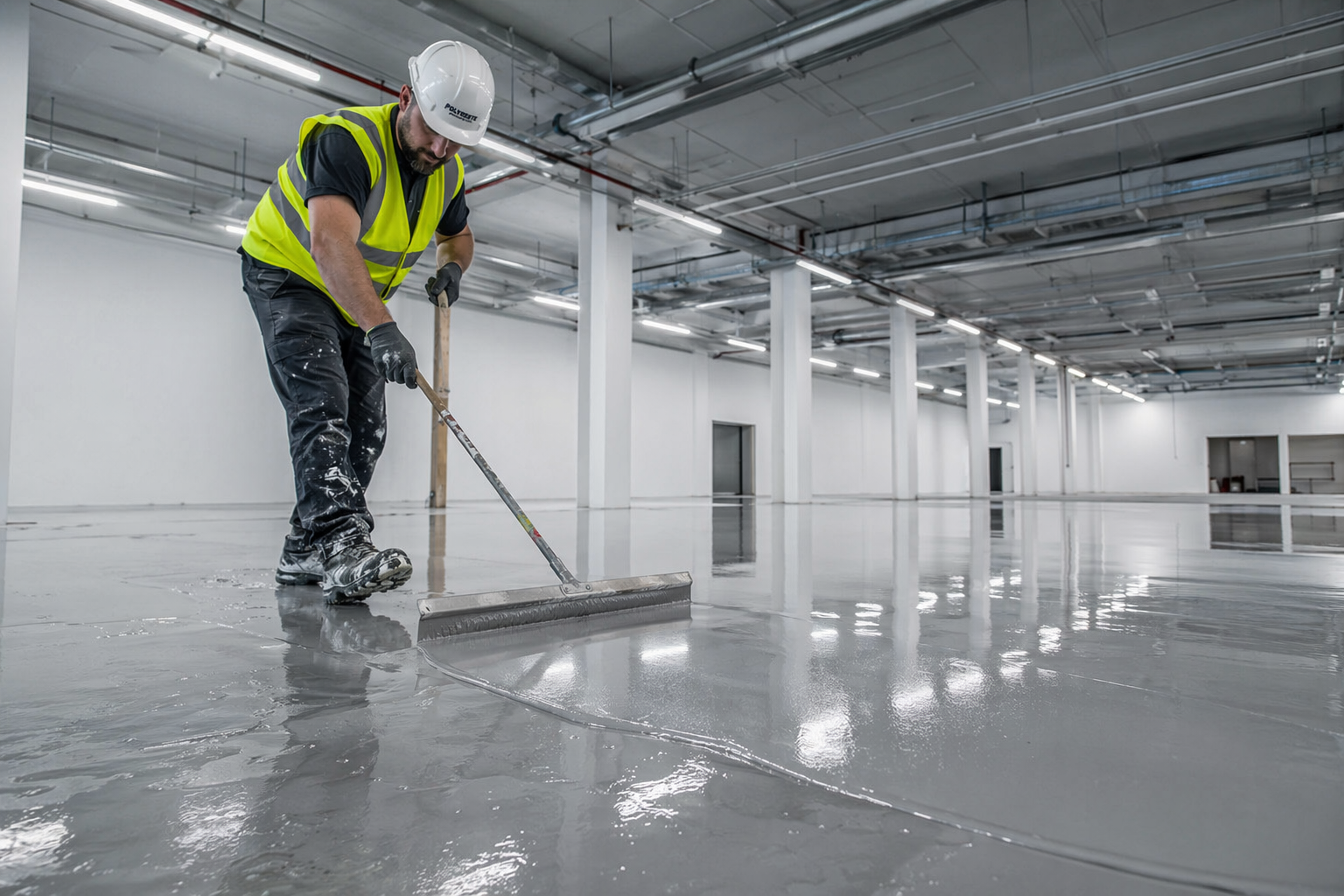 Self-leveling screed being applied on indoor floor