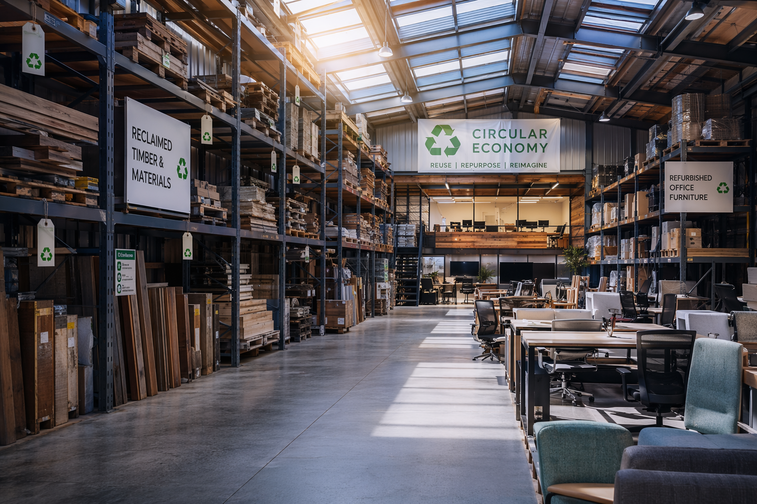 Organized warehouse with recovered construction materials