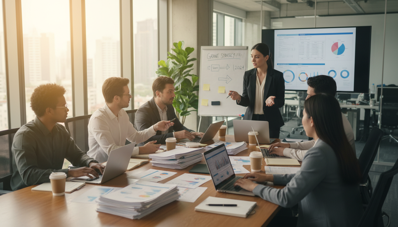Professional nonprofit grant writing team collaborating on funding proposals