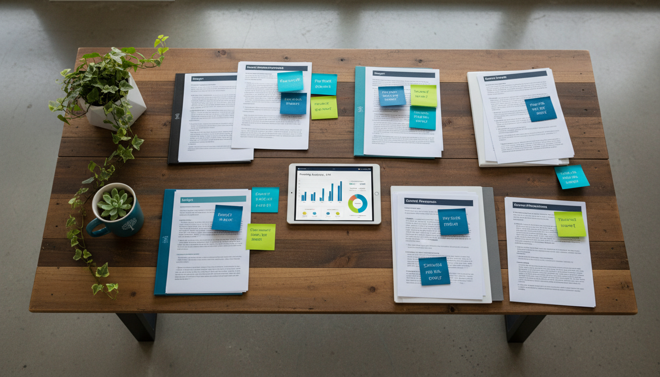 Grant strategy workspace with documents and planning materials