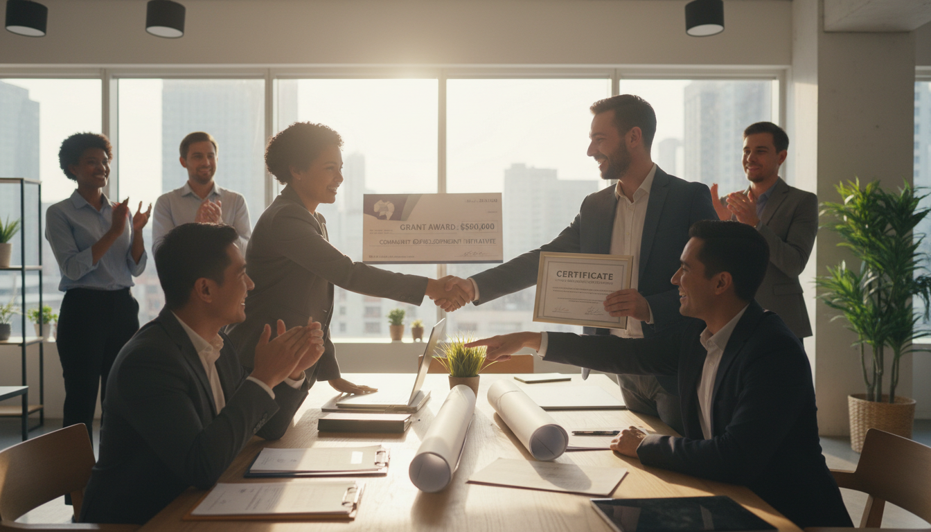 Nonprofit professionals celebrating successful grant funding award