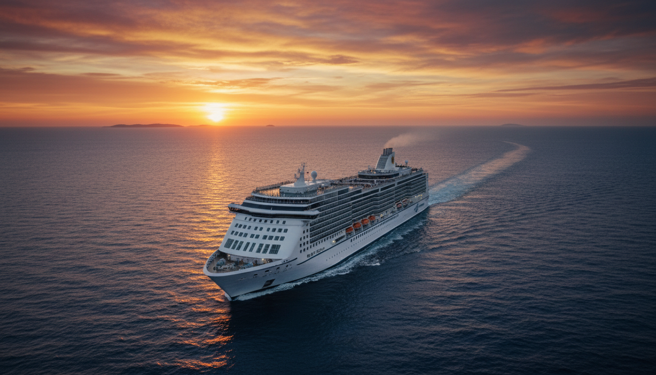 Statek wycieczkowy płynący o zachodzie słońca